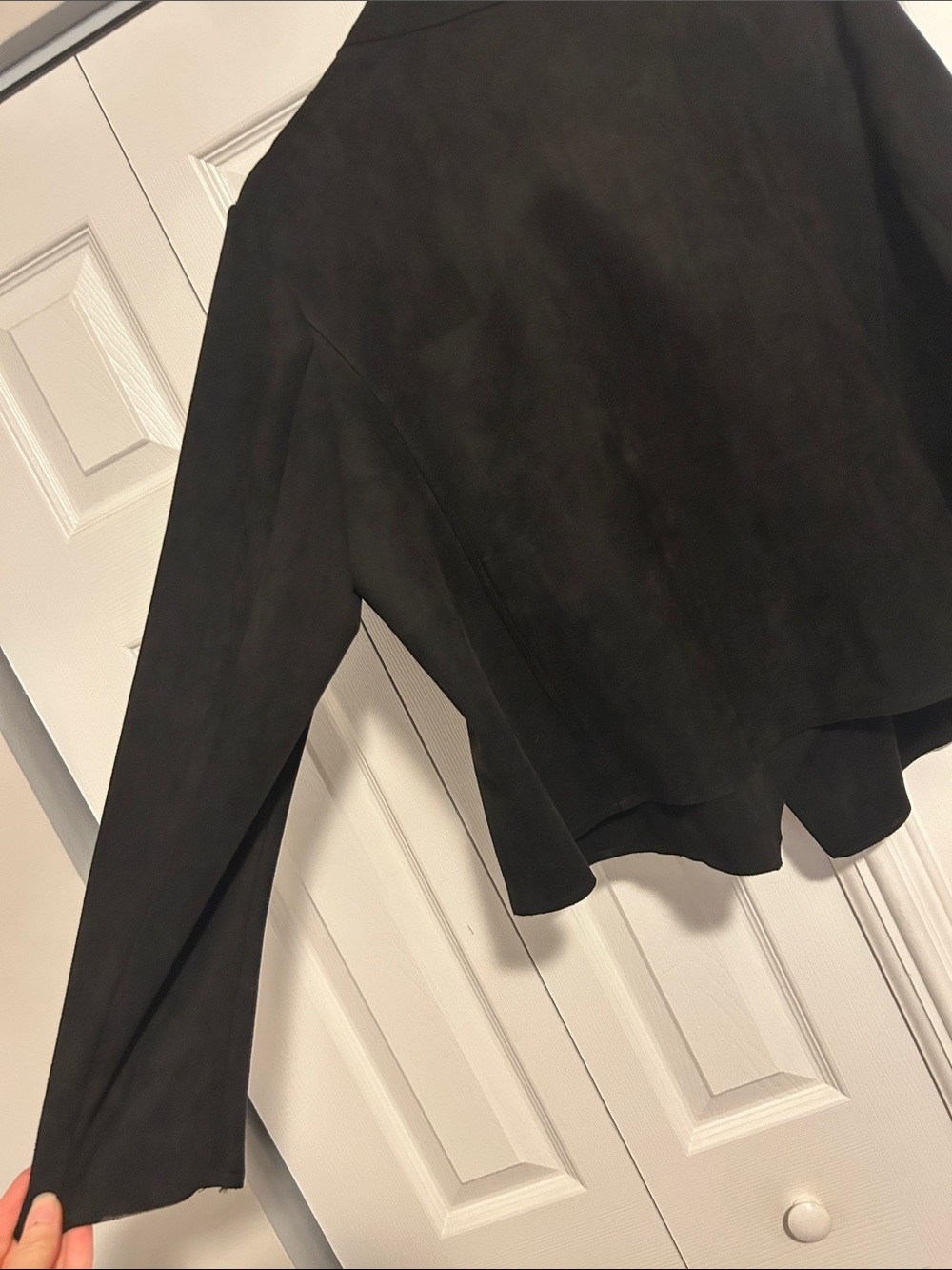Anne Klein Black Draped Suede Open-Front Asymmetrical Jacket - Picture 14 of 15
